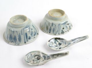 Antique Chinese Qing Dynasty Pottery Bowls,  Blue & White Spoons 18th C China