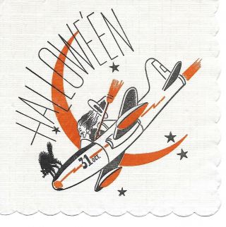 Vintage Crepe/paper Halloween Napkin,  No.  1 Witch In A Jet Plane,  Black Cat