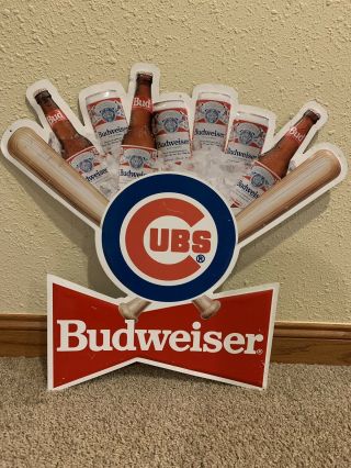 1991 Chicago Cubs Budweiser Signet Graphic Tin Sign Bar Pub Vtg Advertising