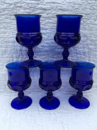 Vintage Set Of 5 Kings Crown Cobalt Blue Glass Water/wine Stemmed Goblets - 6 Oz