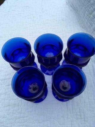 Vintage Set of 5 Kings Crown COBALT BLUE Glass Water/Wine Stemmed Goblets - 6 OZ 2