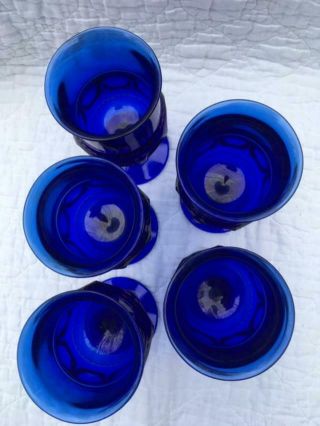 Vintage Set of 5 Kings Crown COBALT BLUE Glass Water/Wine Stemmed Goblets - 6 OZ 3