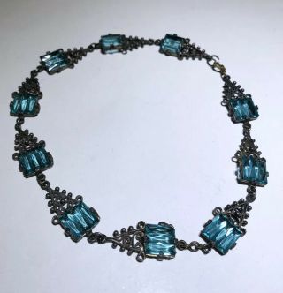 Vintage Antique Art Deco Blue Czech Glass Choker Necklace Estate Jewelry