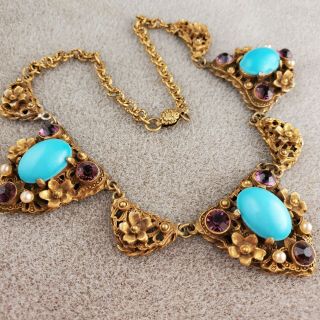 Vtg Antique Art Deco Gilt Brass Amethyst Turquoise Czech Glass Collar Necklace