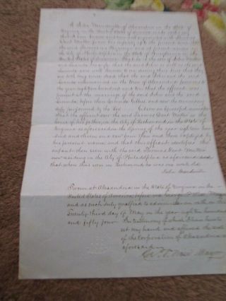 15 Vtg 1854 Handwritten Oath Document Letter / City Seal Of Alexandria Virginia