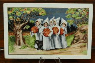 Vintage 1910s Halloween Postcard Whitney Children With Jols And Black Cat Trees