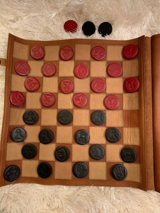 Vintage Top Grain Leather Game Board Travel Chess Checkers Set Roll Up Case