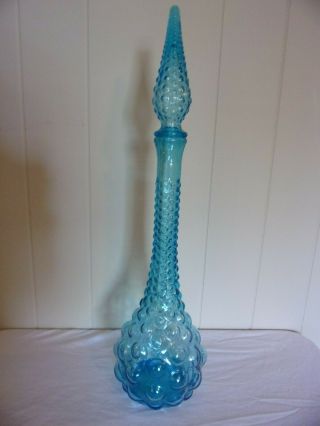 Vintage Mid Century Italian Empoli Glass 20 " Genie Bottle Light Blue Hobnail