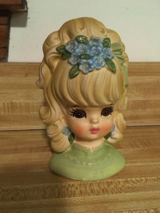 Vintage Ceramic Glamour Lady Doll Head Vase Planter Blue Green