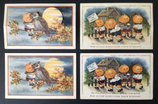 Vintage Whitney Halloween Postcards (4) Pumpkin People With Matching Die - Cut Card