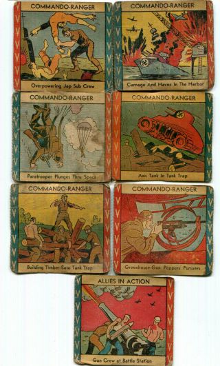 7 Vintage Wwii W.  H.  Brady " Commando Ranger " & " Allies In Action " Trading Cards