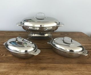 Vtg Mcm Stainless Steel Oval Casserole Chaffing Dish W Warmer Set Of 3