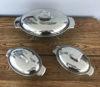 VTG MCM Stainless Steel Oval Casserole Chaffing Dish w Warmer Set of 3 2