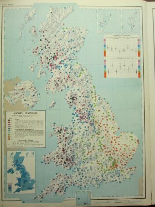 Vintage Large Map Of Britain Annual Rainfall Dispersion Diagrams