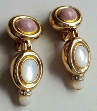 St John Vintage Earrings Haute Couture Pink & Mother Of Pearl Cabochons