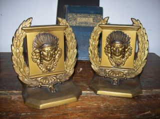 Vintage Brass Native American Indian Chief Head Book Ends