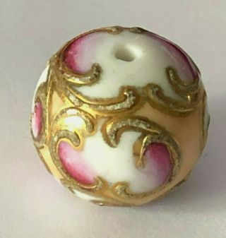 1 Vintage Porcelain Glass Bead Textured With Gold Hand Painted 20mm From Japan