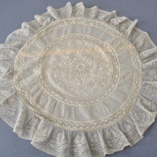 Vintage French Creamy Normandy Lace Pillow Cover Round 22 " Embroidered Flowers