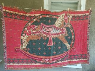 Vintage Christmas Woven Tapestry Throw Blanket 63”x44” “carousel Horse ”