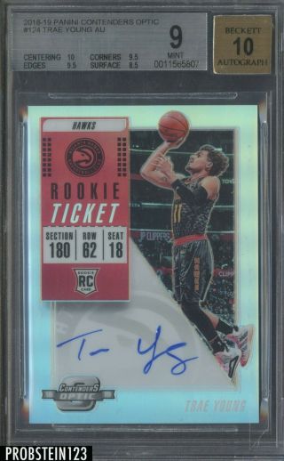 2018 - 19 Contenders Optic Rookie Ticket Trae Young Hawks Rc Auto Bgs 9 W/ 10