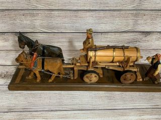 Vtg Hand Carved Wood Horses Drawn Beer Wagon W/2 Figures 13.  5