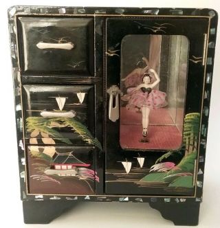 Early Vintage Black Lacquer Hand Painted Music Jewelry Box W/ Ballerina & Inlay