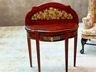 Vintage Miniature Dollhouse Artisan Hand Painted Demilune Table Drawer Wood 1:12
