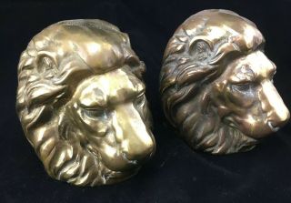 Vintage Mcm Brass Lion Head Bookends