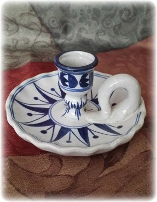 Vintage Hand Crafted Blue & White Designed Taper Candle Holder With Handle.