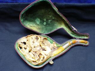 VINTAGE 1800 ' S LARGE MEERSCHAUM PIPE FANTASTIC CARVING (ORGY/PARTY) WITH CASE 2