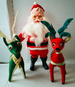 Two Vintage Sawdust Stuffed Red & Green Velvet Reindeer & 11 " Santa Claus Japan