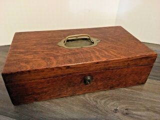 Antique Humidor Box Cedar - Lined Quartersawn Oak With Brass Handle -