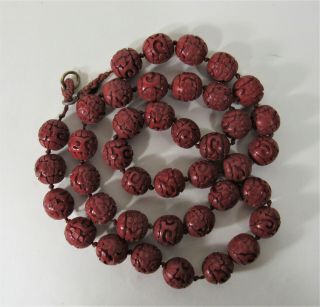 Vintage Chinese Hand Carved Cinnabar Lacquer 40 Flower Bead Necklace