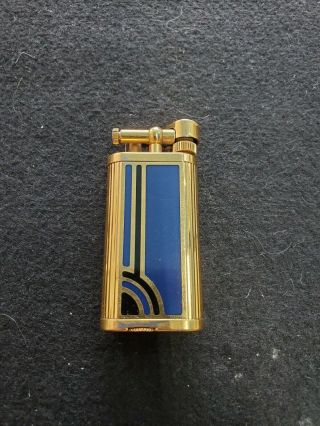 Rare Dunhill Unique Gold Plated & Blue Enamel Lift Arm Lighter Made In England