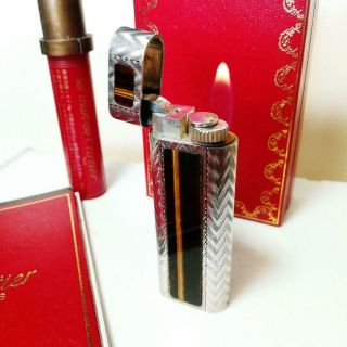Vintage Cartier Gas Lighter Swiss Made Silver Tiger Eye Power Stone