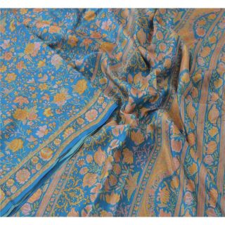 Sanskriti Vintage Blue Saree Pure Silk Printed Sari Craft Decor Soft 5yd Fabric