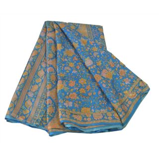 Sanskriti Vintage Blue Saree Pure Silk Printed Sari Craft Decor Soft 5Yd Fabric 2