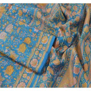 Sanskriti Vintage Blue Saree Pure Silk Printed Sari Craft Decor Soft 5Yd Fabric 3