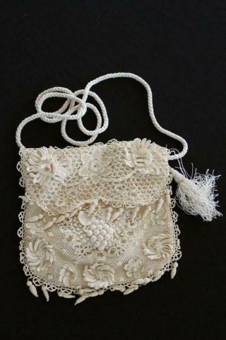 Very Rare French Antique Silk Hand Made Cotton Lace Victorian Purse 8 " X 8 "