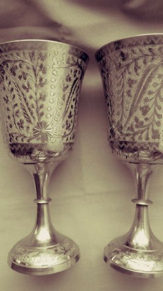 Vtg Chalice Goblet Silver Plate Brass Etched World Gift Z.  Y.  India Set Of 2.