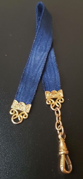 Antique Victorian 9ct Gold Blue Silk Ribbon Pocket Watch Fob