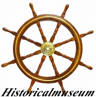 36 Inch Nautical Ship Wheel With Brass Ring Wooden Decorative