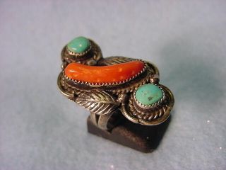 Vintage Sterling Turquoise And Coral Ring