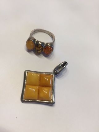 Vintage Sterling Silver 925 Baltic Butterscotch Amber Ring And Pendant