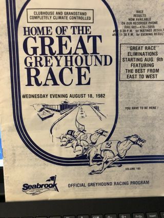 Seabrook Greyhound Program 8/18/82 Great Race Eliminations