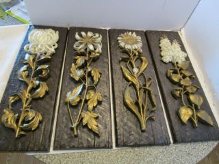 Vintage Syroco Set 4 3d Flower Wall Hanging Plaques Faux Wood Plank 7000 1960’s