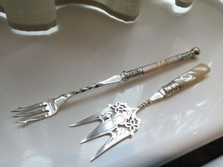 Antique Victorian Silver Plated & Mother Of Pearl Bread & Pickle Forks