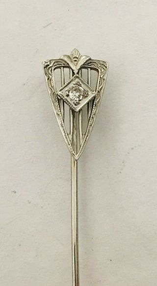 Antique Art Deco 10k White Gold Filigree Diamond Stick Pin