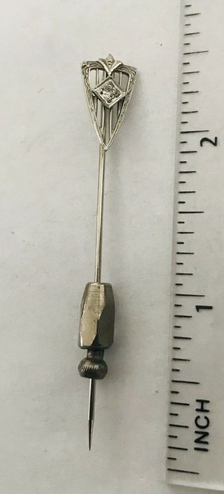 Antique Art Deco 10k White Gold Filigree Diamond Stick Pin 2