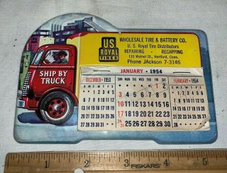 Antique Us Royal Tires Hartford Ct Tin Litho Calendar Sign Die Cut Truck Gas Oil